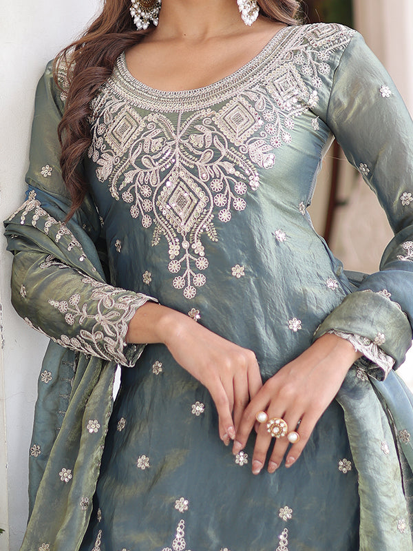 Grey Coding Sequins Work Fendi Silk Kurti Sharara With Dupatta