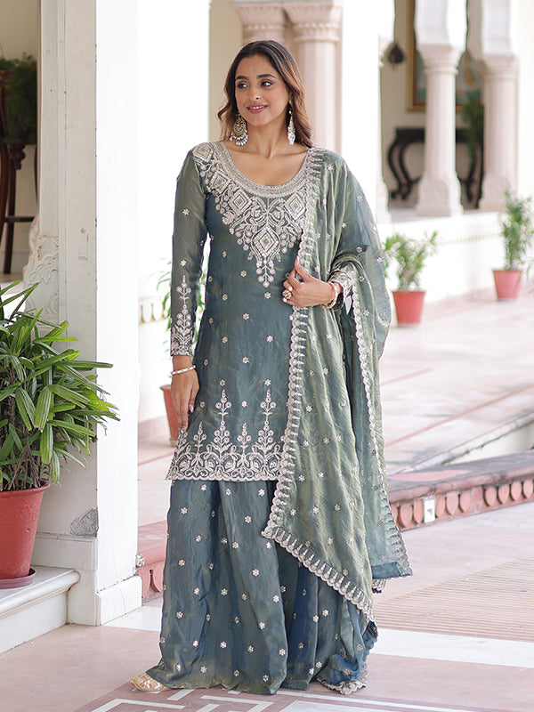 Grey Coding Sequins Work Fendi Silk Kurti Sharara With Dupatta