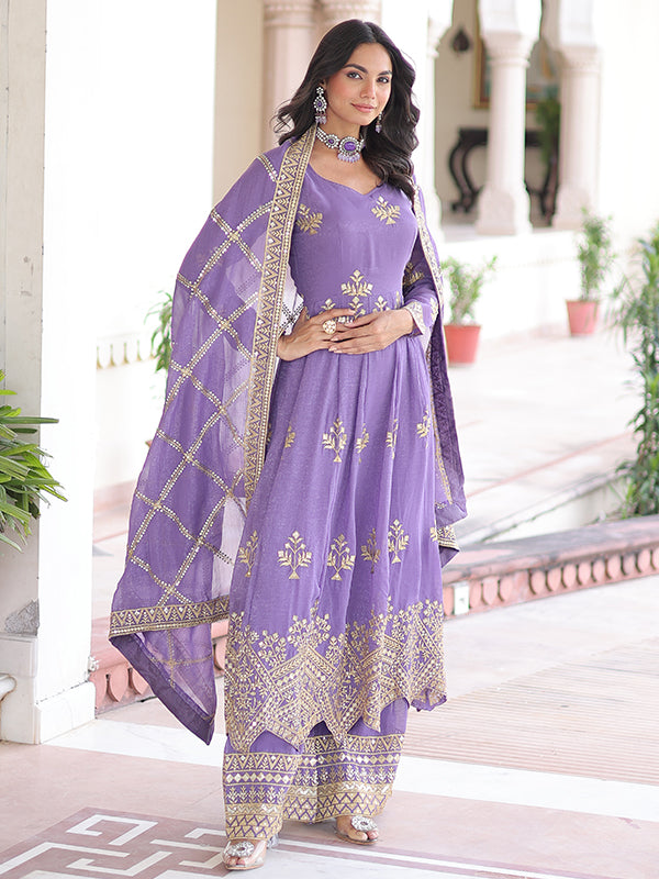 Lavender Sequins Embroidered Work Silver Crunchy Silk Gown With Dupatta