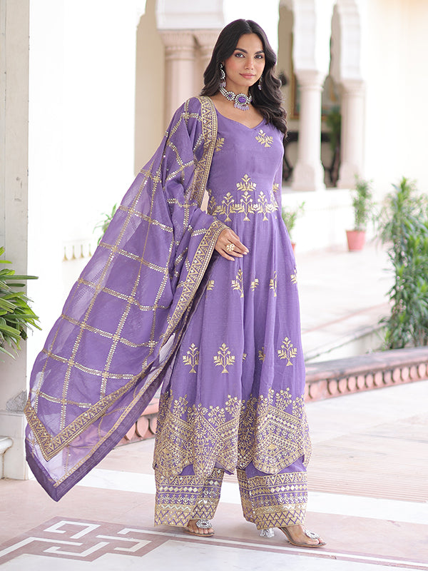 Lavender Sequins Embroidered Work Silver Crunchy Silk Gown With Dupatta