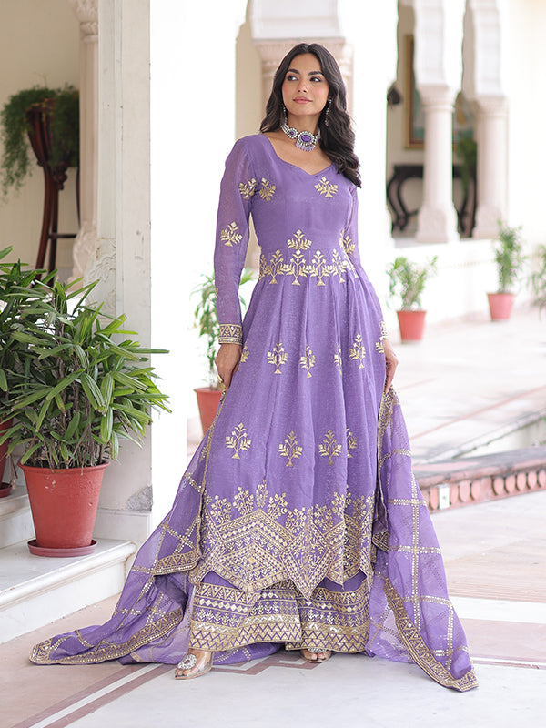 Lavender Sequins Embroidered Work Silver Crunchy Silk Gown With Dupatta