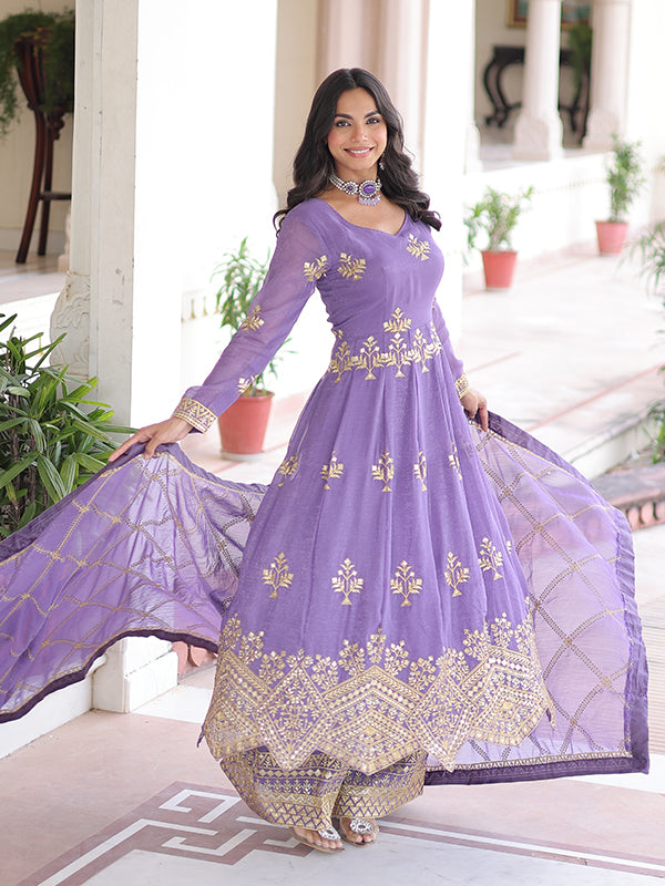 Lavender Sequins Embroidered Work Silver Crunchy Silk Gown With Dupatta