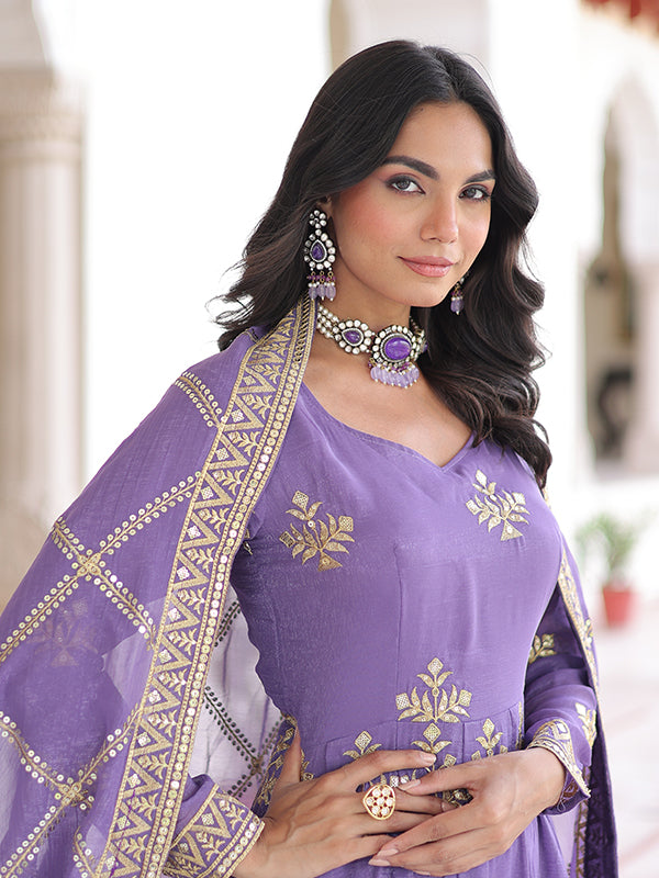Lavender Sequins Embroidered Work Silver Crunchy Silk Gown With Dupatta