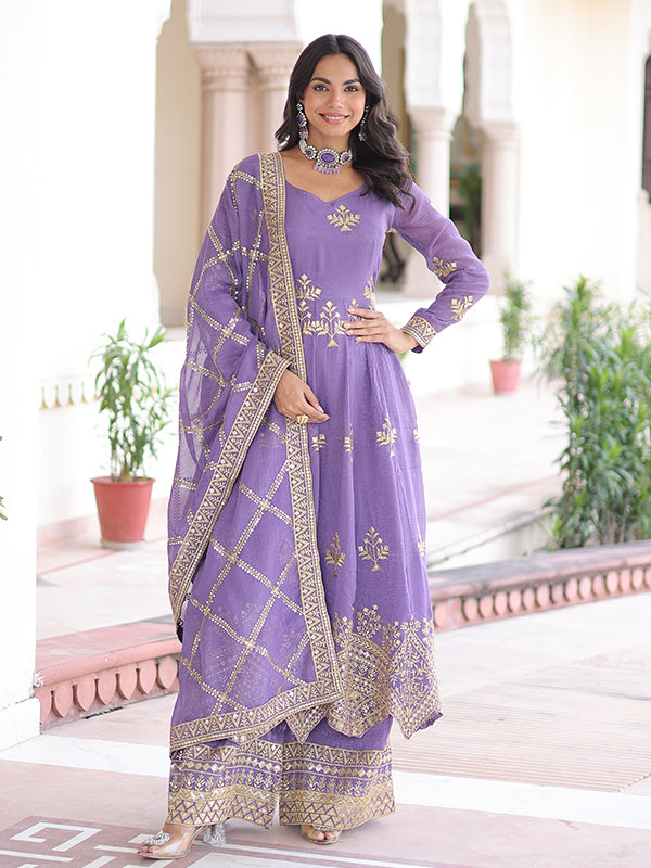 Lavender Sequins Embroidered Work Silver Crunchy Silk Gown With Dupatta