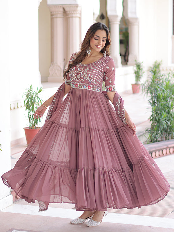 Peach Multithreaded Beads Work Georgette Gown With Dupatta