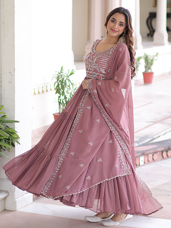 Peach Multithreaded Beads Work Georgette Gown With Dupatta