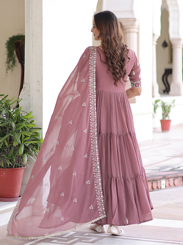 Peach Multithreaded Beads Work Georgette Gown With Dupatta