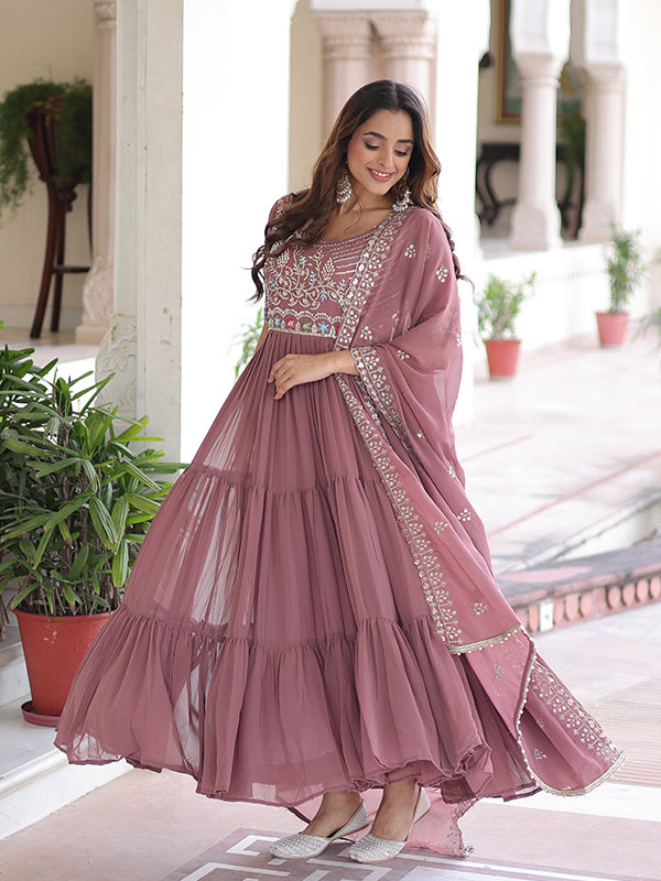 Peach Multithreaded Beads Work Georgette Gown With Dupatta