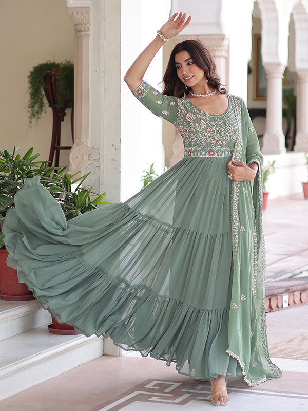 Pista Green Multithreaded Beads Work Georgette Gown With Dupatta