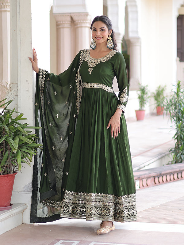 Green Rich Sequins Embroidered Work Vichitra Silk Gown With Dupatta