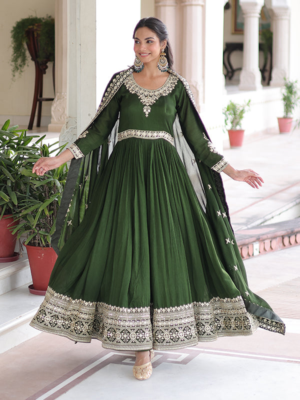 Green Rich Sequins Embroidered Work Vichitra Silk Gown With Dupatta