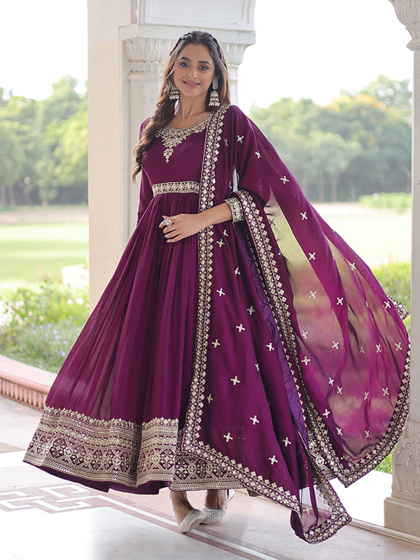 Magenta Pink Rich Sequins Embroidered Work Vichitra Silk Gown With Dupatta