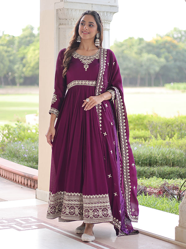 Magenta Pink Rich Sequins Embroidered Work Vichitra Silk Gown With Dupatta