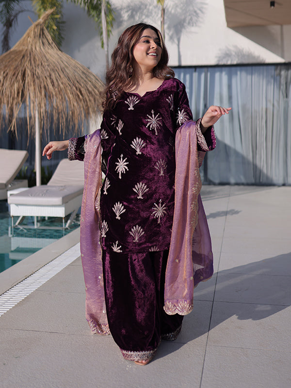 Wine Rich Zari Embroidered Work Ice Velvet Palazzo Suit With Dupatta