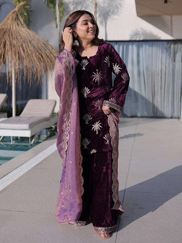 Wine Rich Zari Embroidered Work Ice Velvet Palazzo Suit With Dupatta