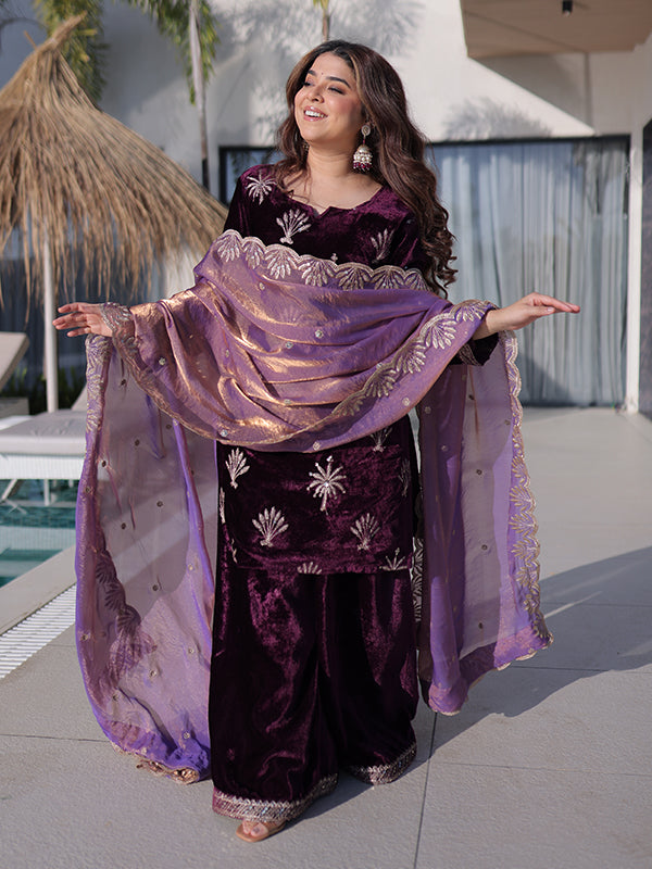 Wine Rich Zari Embroidered Work Ice Velvet Palazzo Suit With Dupatta