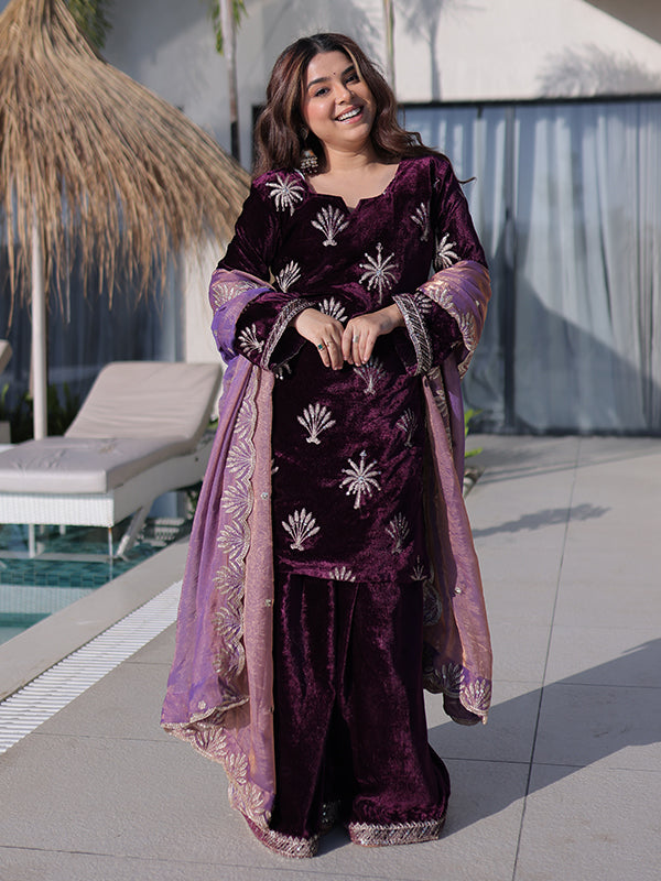 Wine Rich Zari Embroidered Work Ice Velvet Palazzo Suit With Dupatta