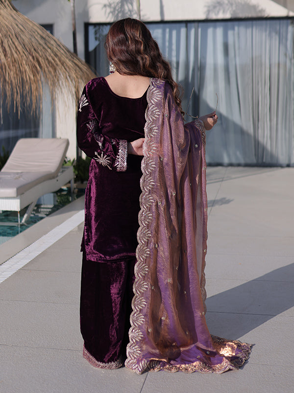 Wine Rich Zari Embroidered Work Ice Velvet Palazzo Suit With Dupatta