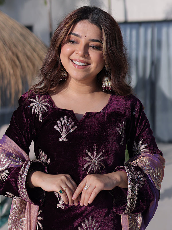 Wine Rich Zari Embroidered Work Ice Velvet Palazzo Suit With Dupatta
