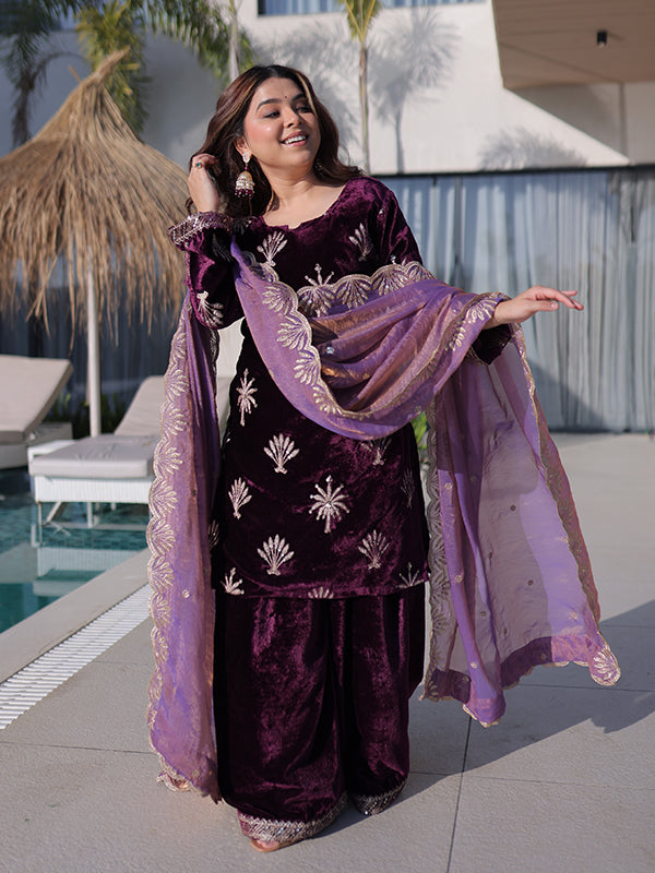 Wine Rich Zari Embroidered Work Ice Velvet Palazzo Suit With Dupatta