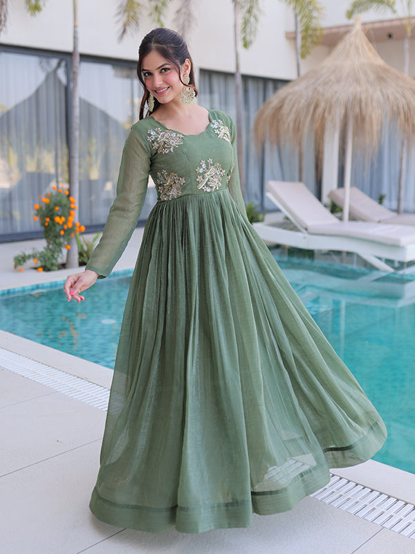 Pista Green Beads Embroidery Work Silver Crunchy Silk Gown