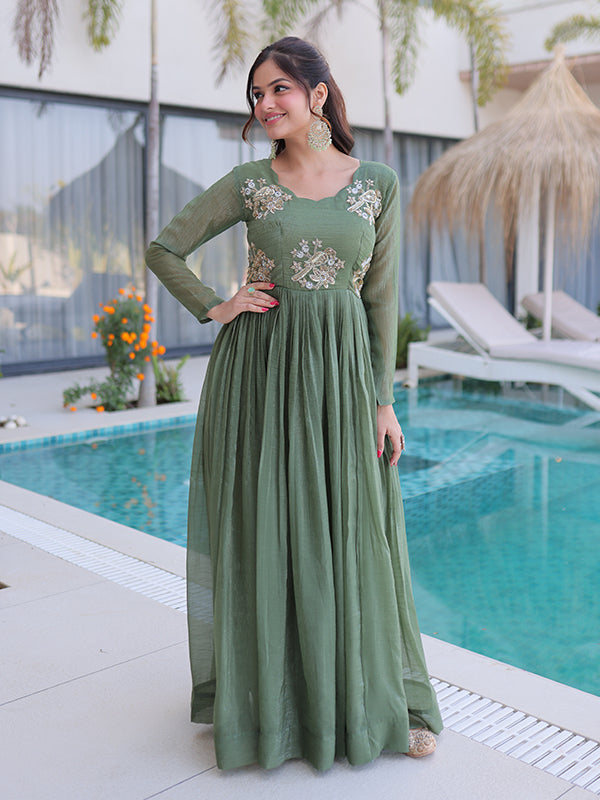 Pista Green Beads Embroidery Work Silver Crunchy Silk Gown