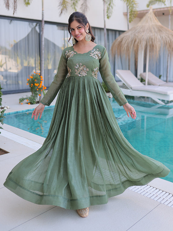 Pista Green Beads Embroidery Work Silver Crunchy Silk Gown