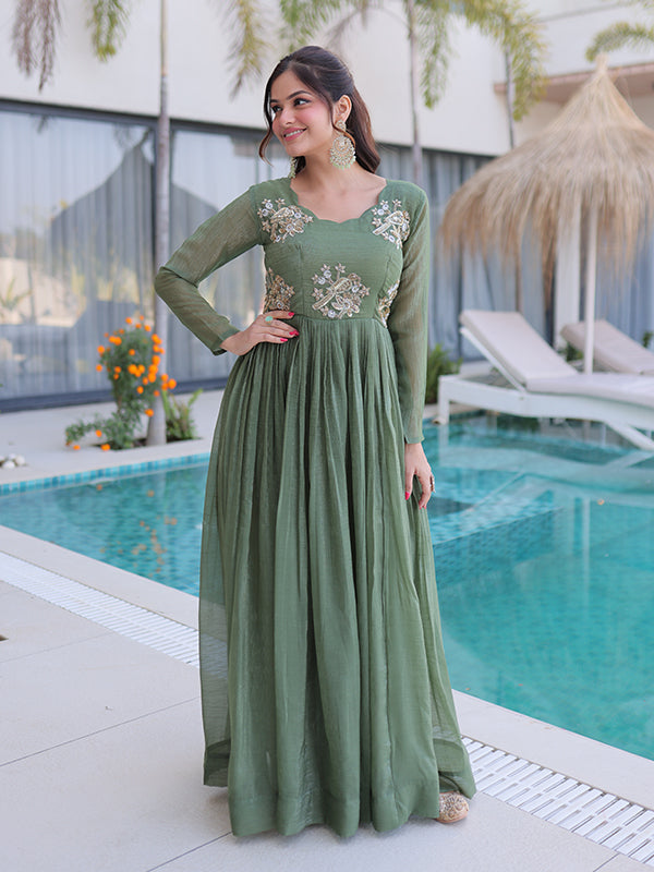 Pista Green Beads Embroidery Work Silver Crunchy Silk Gown