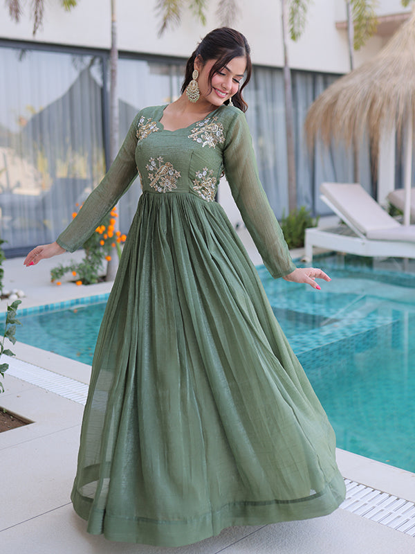 Pista Green Beads Embroidery Work Silver Crunchy Silk Gown