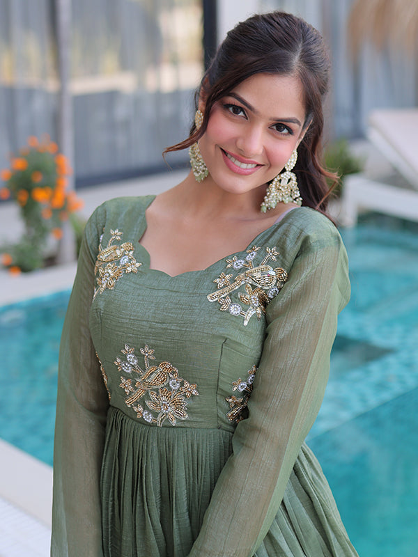 Pista Green Beads Embroidery Work Silver Crunchy Silk Gown