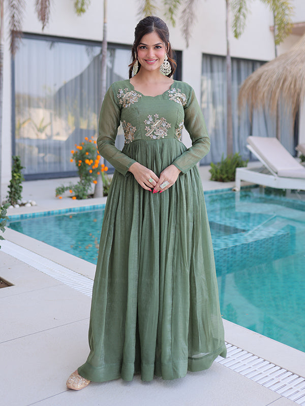 Pista Green Beads Embroidery Work Silver Crunchy Silk Gown