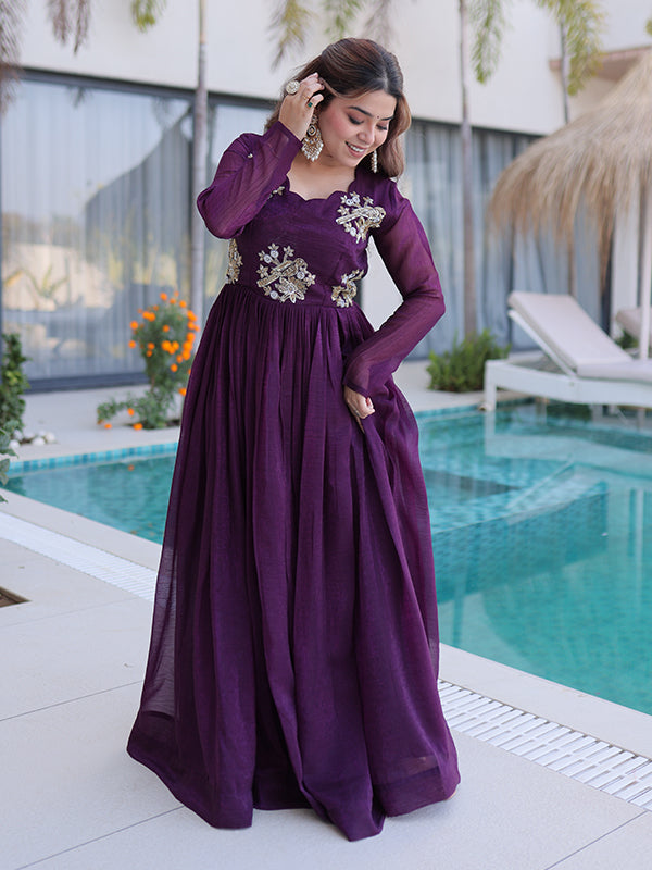 Wine Beads Embroidery Work Silver Crunchy Silk Gown