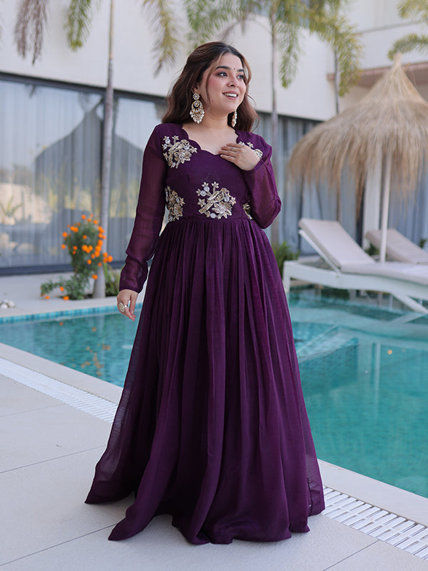Wine Beads Embroidery Work Silver Crunchy Silk Gown