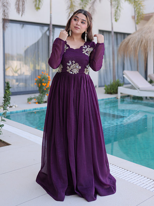 Wine Beads Embroidery Work Silver Crunchy Silk Gown