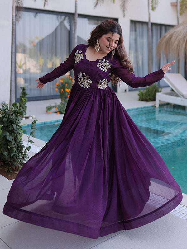 Wine Beads Embroidery Work Silver Crunchy Silk Gown
