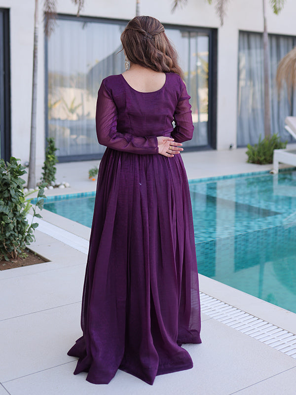 Wine Beads Embroidery Work Silver Crunchy Silk Gown