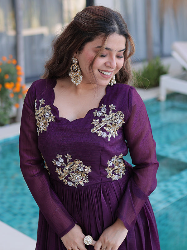 Wine Beads Embroidery Work Silver Crunchy Silk Gown