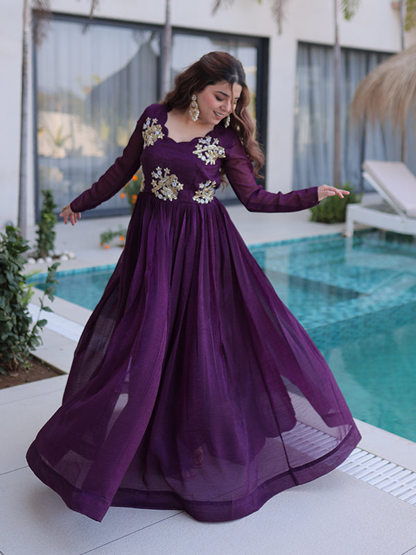 Wine Beads Embroidery Work Silver Crunchy Silk Gown
