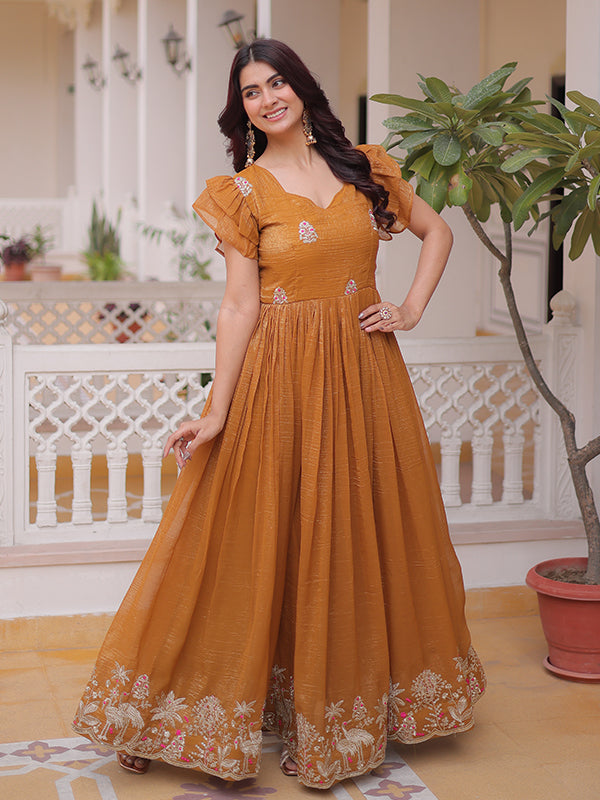 Mustard Yellow Embroidery Work Silver Crunchy Silk Gown