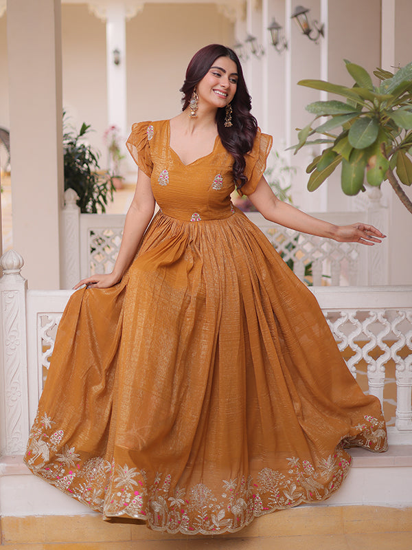 Mustard Yellow Embroidery Work Silver Crunchy Silk Gown