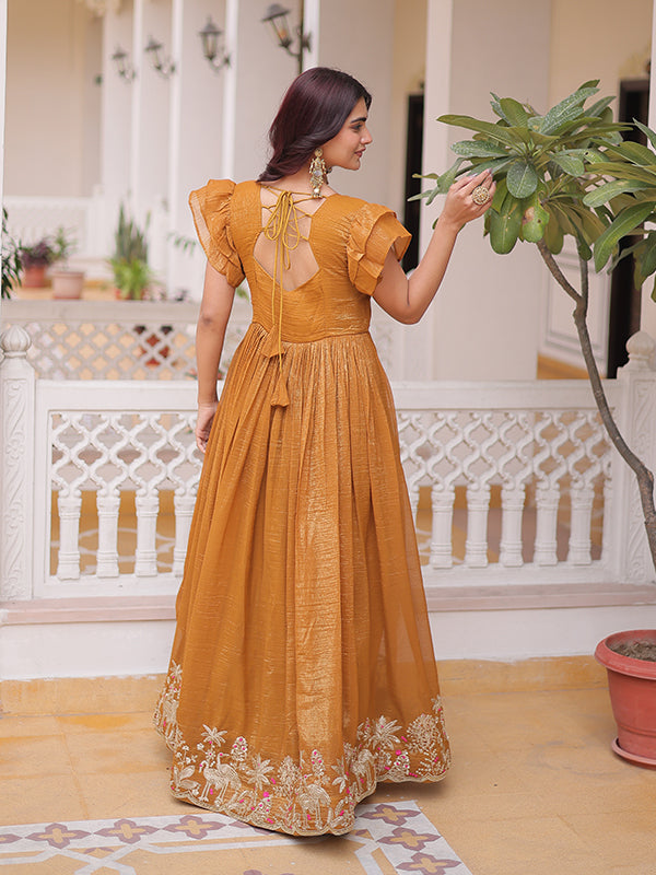 Mustard Yellow Embroidery Work Silver Crunchy Silk Gown