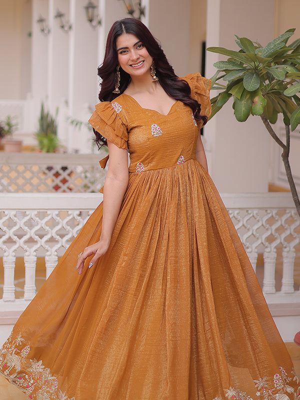 Mustard Yellow Embroidery Work Silver Crunchy Silk Gown