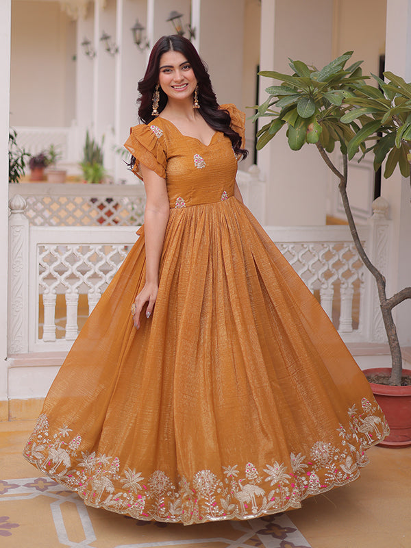 Mustard Yellow Embroidery Work Silver Crunchy Silk Gown