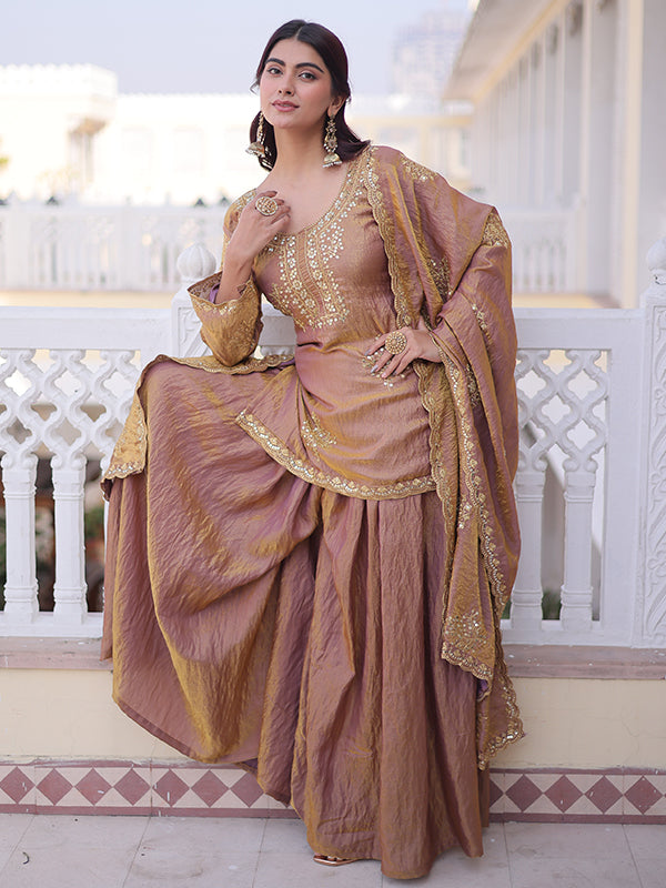 Peach Gold Zari Sequins Embroidered Work Fendi Crush Top Sharara With Dupatta