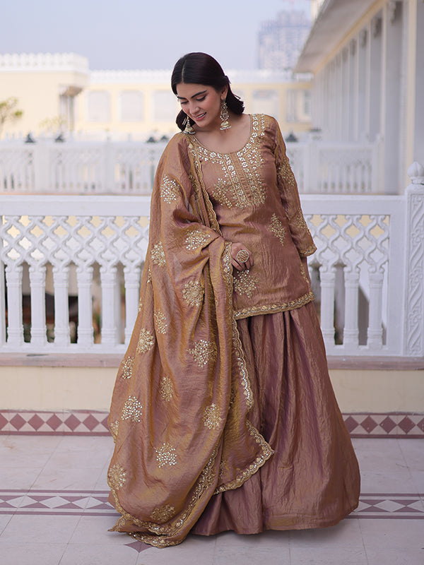 Peach Gold Zari Sequins Embroidered Work Fendi Crush Top Sharara With Dupatta