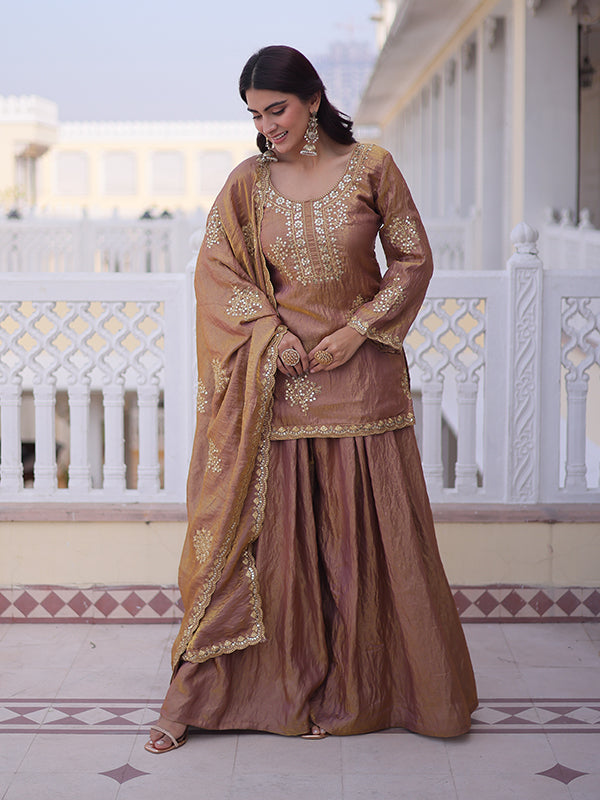 Peach Gold Zari Sequins Embroidered Work Fendi Crush Top Sharara With Dupatta