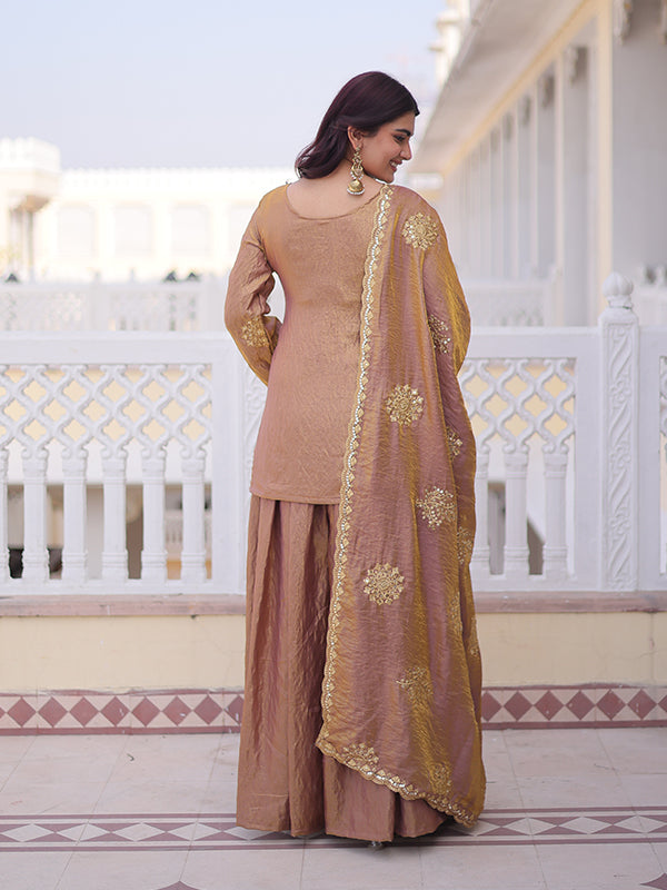 Peach Gold Zari Sequins Embroidered Work Fendi Crush Top Sharara With Dupatta