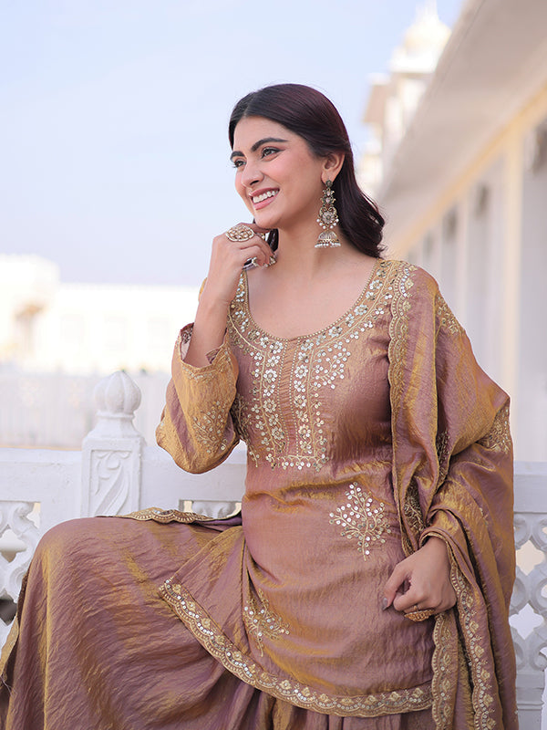 Peach Gold Zari Sequins Embroidered Work Fendi Crush Top Sharara With Dupatta