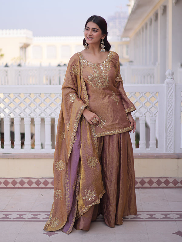 Peach Gold Zari Sequins Embroidered Work Fendi Crush Top Sharara With Dupatta