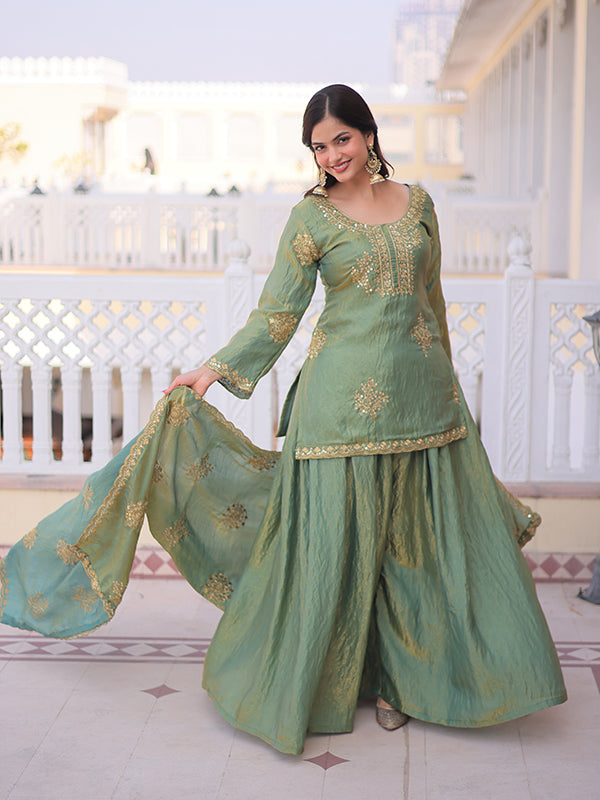 Pista Green Zari Sequins Embroidered Work Fendi Crush Top Sharara With Dupatta